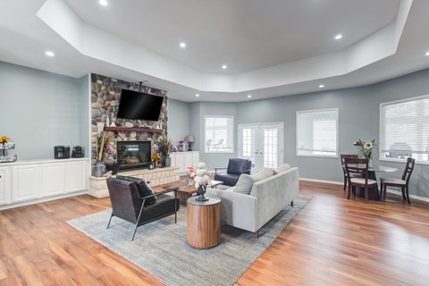 A living room with a stone fireplace and a grey sofa.