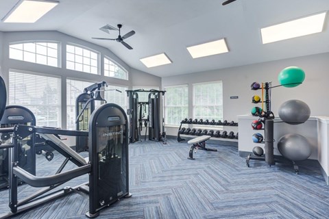 A gym with a variety of equipment including a leg press machine, dumbbells, and a bench press.