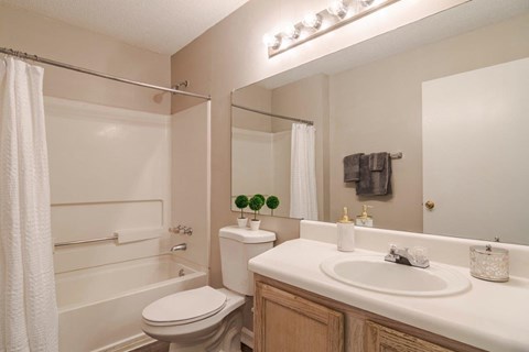 A white bathroom with a toilet, sink, and shower.
