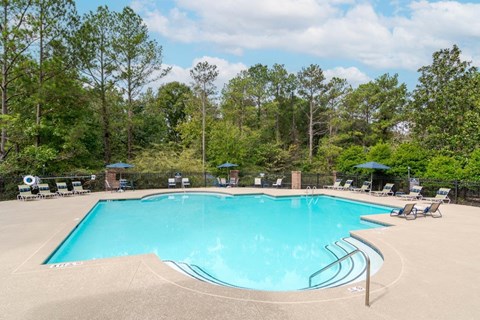 A large swimming pool surrounded by trees and lounge chairs.