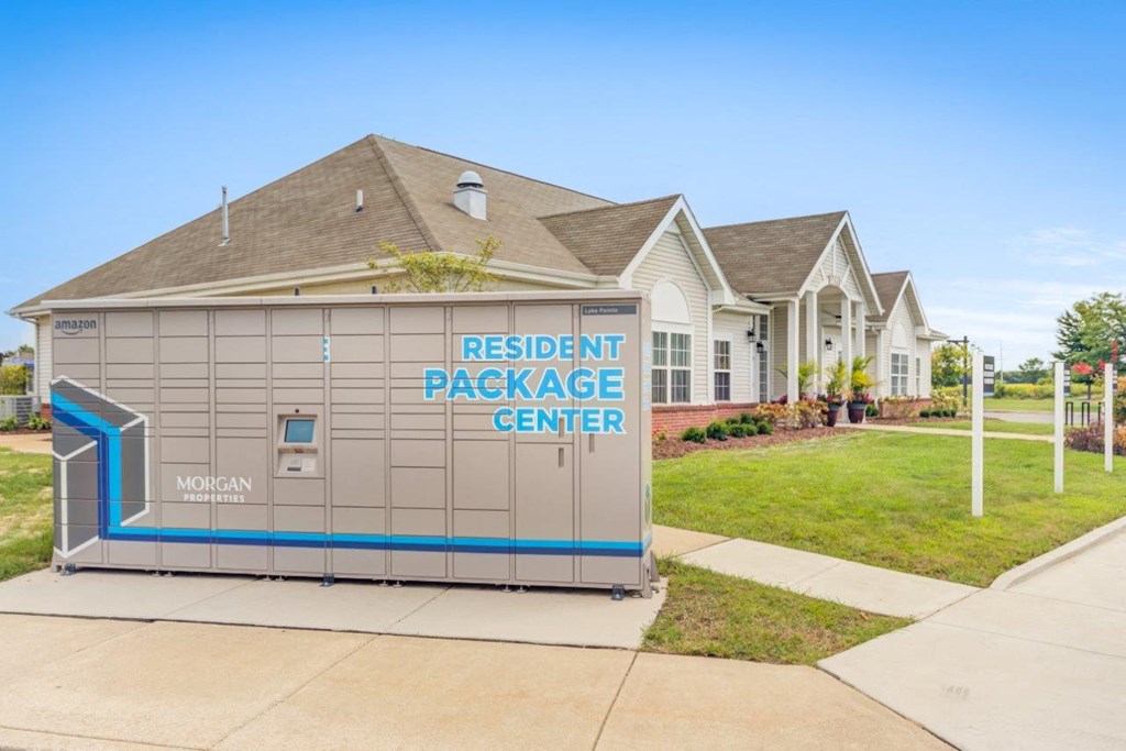 A resident package center with a Morgan sign on it.