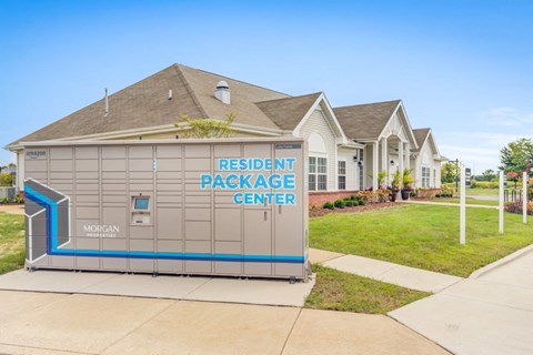 A resident package center with a Morgan sign on it.