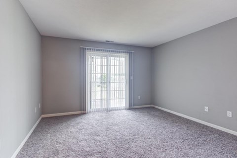 A room with grey walls and a carpeted floor with a sliding glass door.