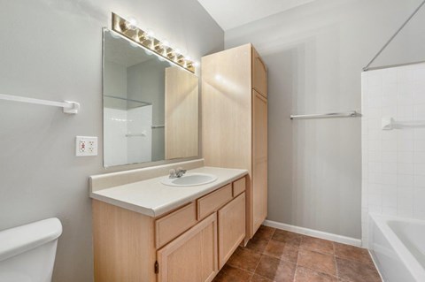 A bathroom with a sink, mirror, and wooden cabinets.