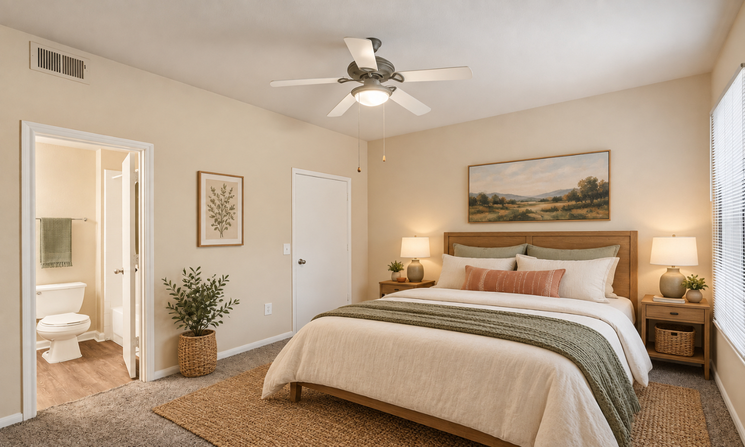A bedroom with a large bed and a ceiling fan.