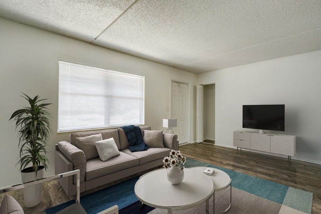 a living room with a couch and a table