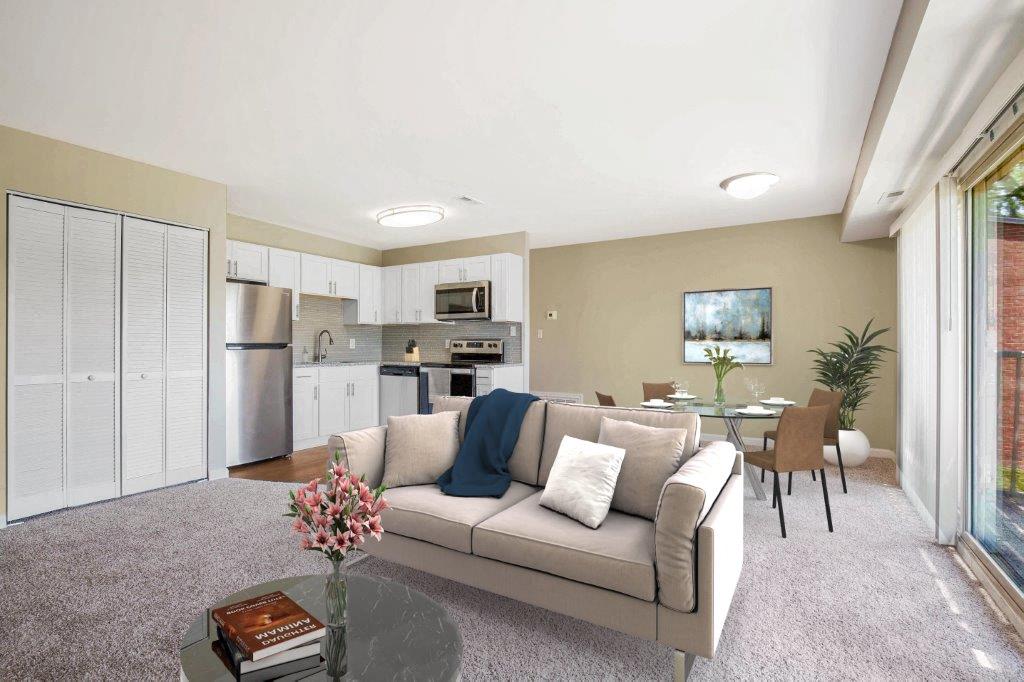 a living room with a couch and a table