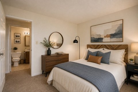 A bedroom with a large bed and a mirror on the wall.