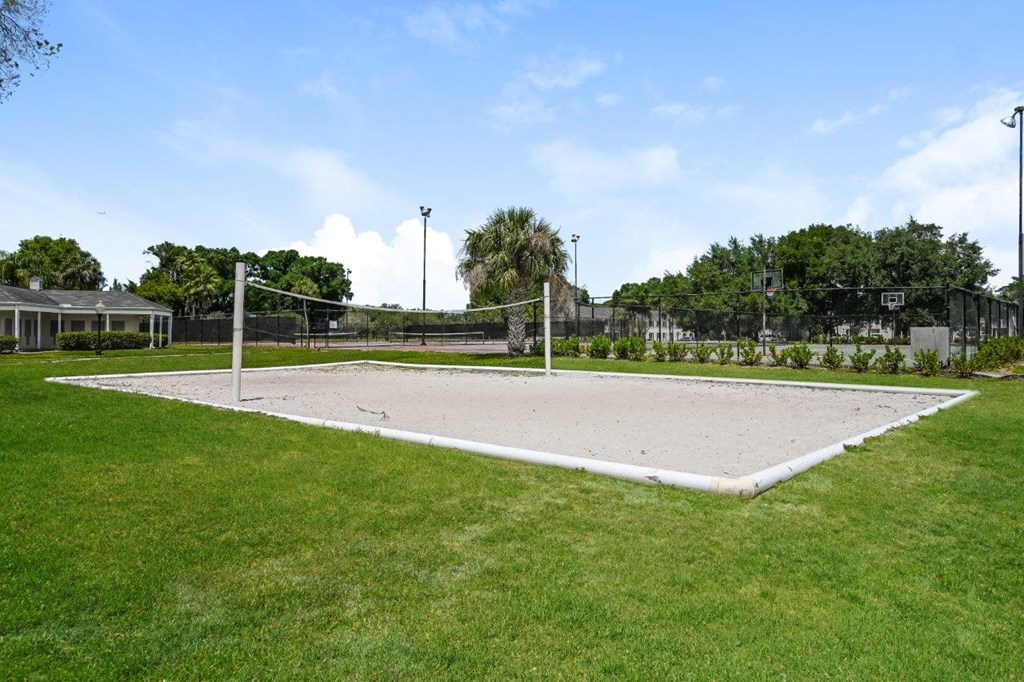 the amenities include a volleyball court in the park