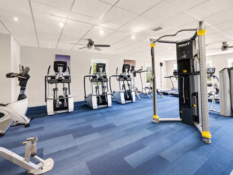 A gym with a variety of equipment including a treadmill, elliptical machines, and a stationary bike.