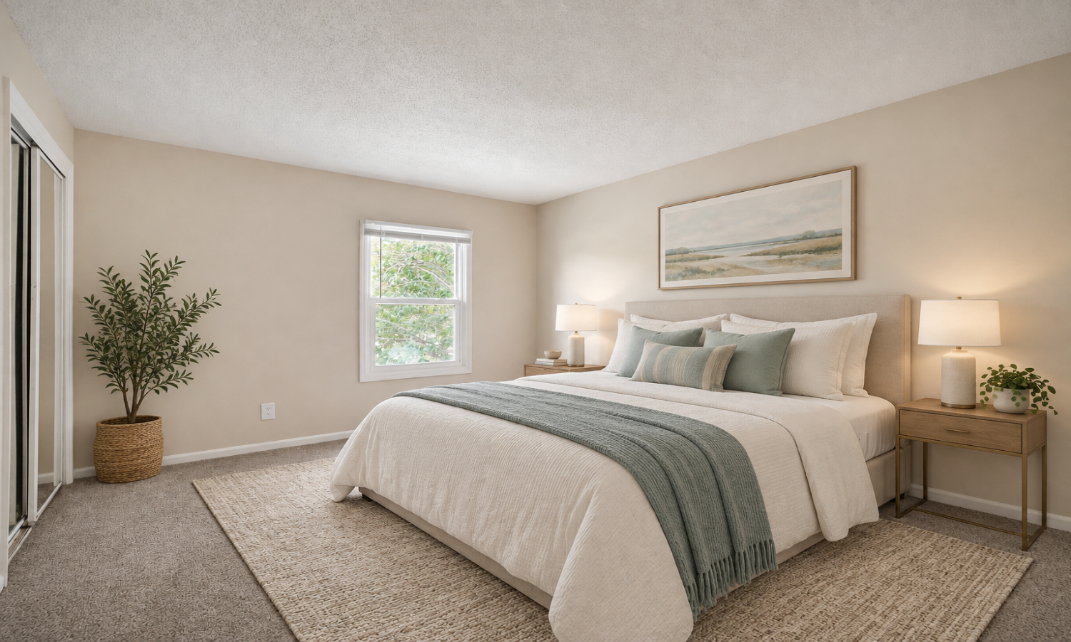 A bedroom with a large bed and a potted plant.