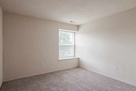 A room with a window and carpeted floor.