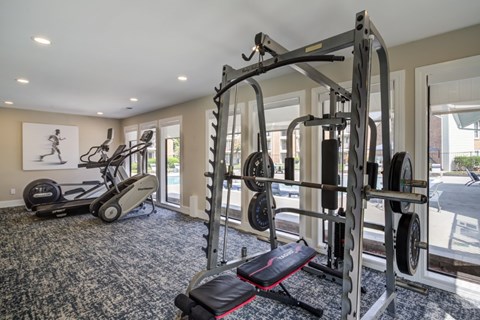 A home gym with a treadmill, weights, and a bench.