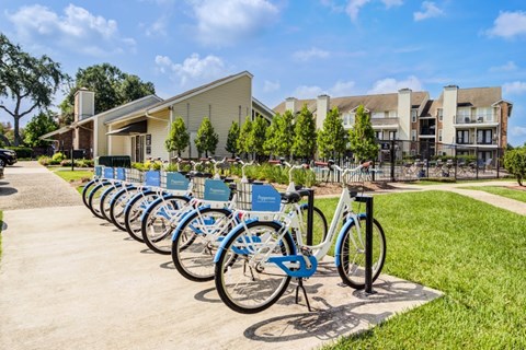 A row of bicycles are parked in front of a building.