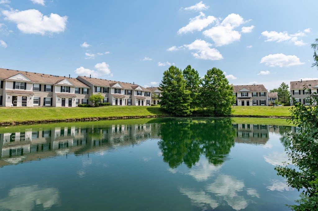 the view of a lake with houses in the background