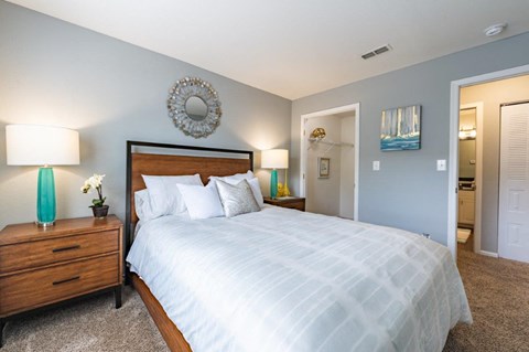 a bedroom with a large bed and a closet