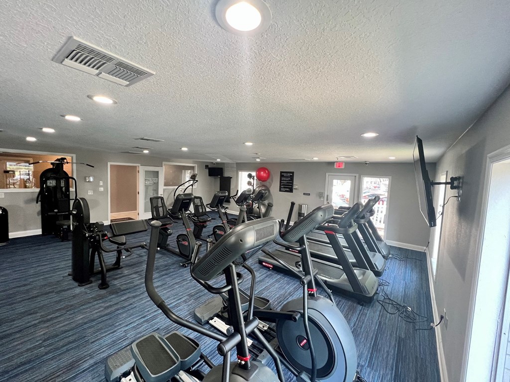 a gym with cardio bikes and stationary bikes on the floor