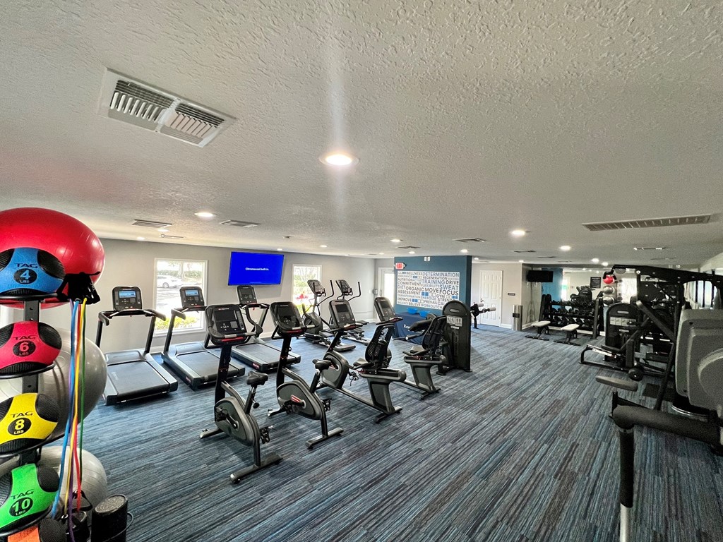 a gym with cardio machines and other exercise equipment in a large room