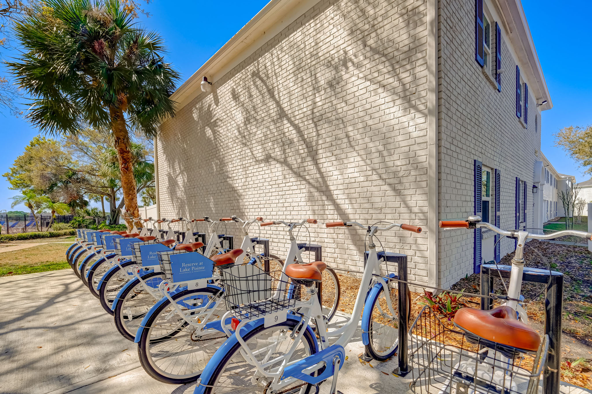 a row of bikes parked in front of a building