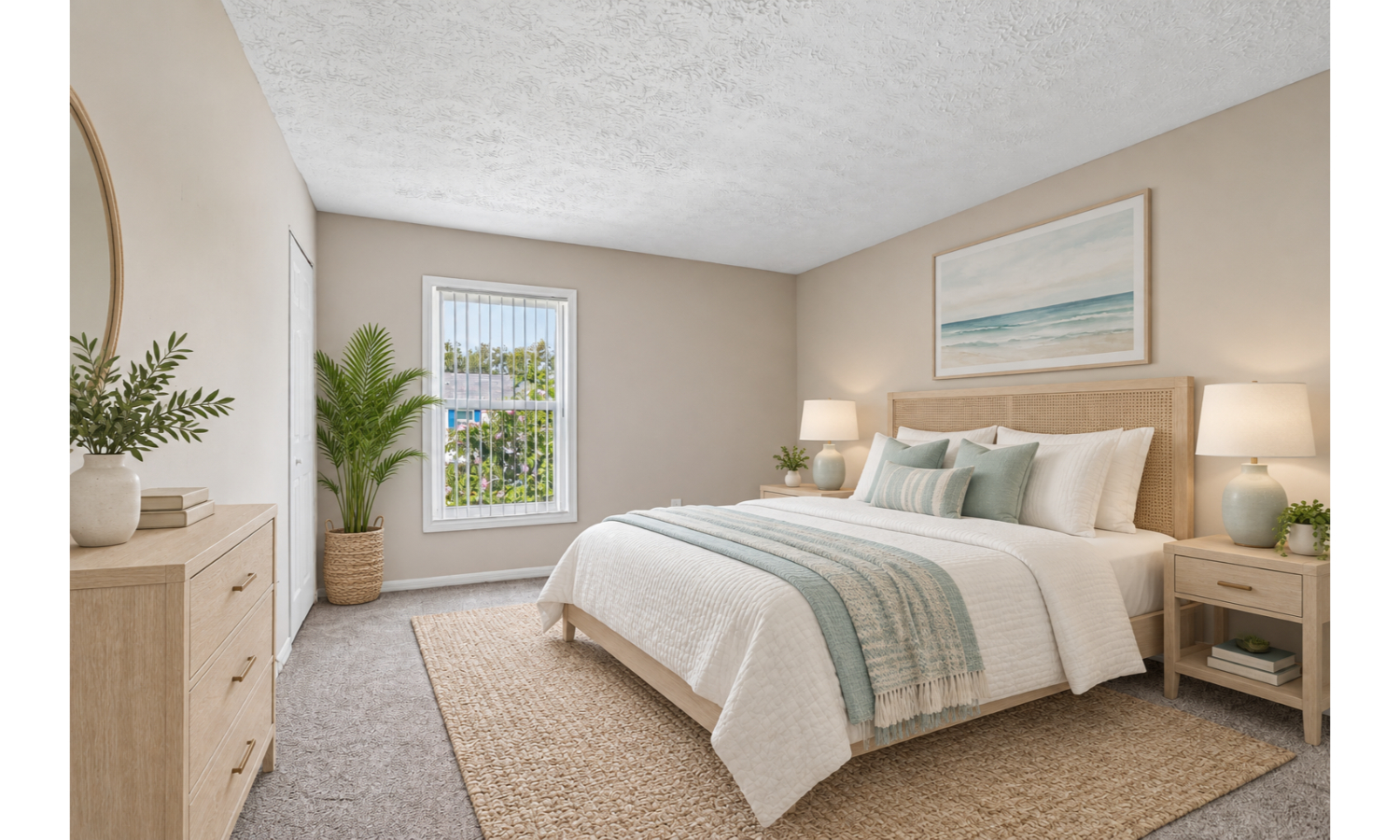 A bedroom with a large bed and a window.