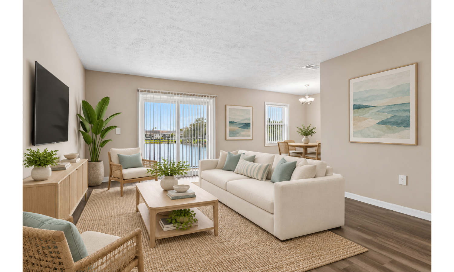 A living room with a white couch, a wooden coffee table, and a painting on the wall.