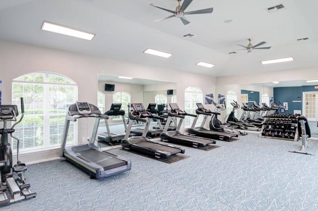a gym with plenty of cardio equipment and windows