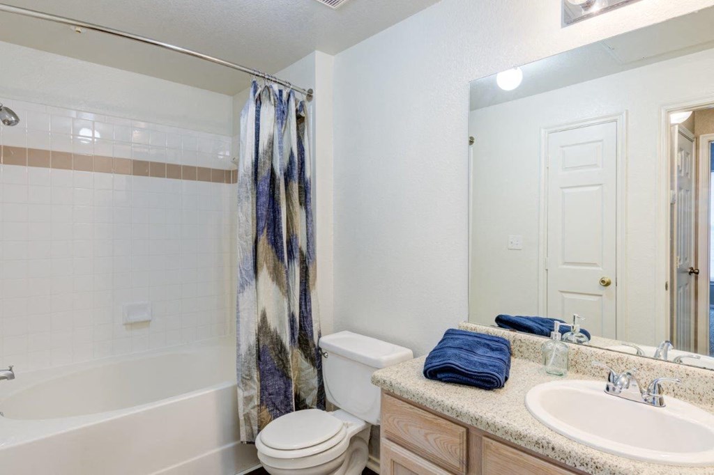 a bathroom with a sink toilet and tub and a mirror