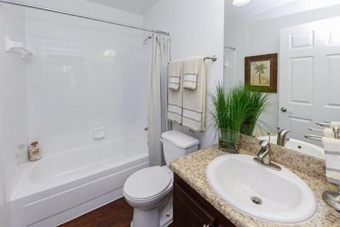 a bathroom with a white tub and a sink and a toilet