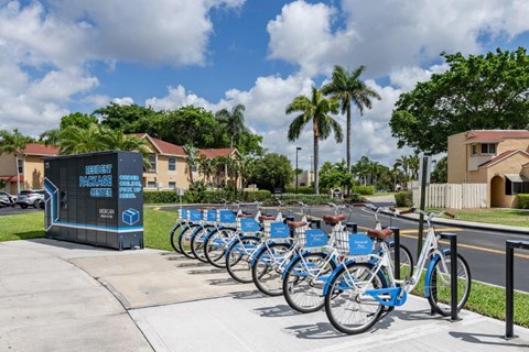 a row of blue bikes parked next to a sidewalk