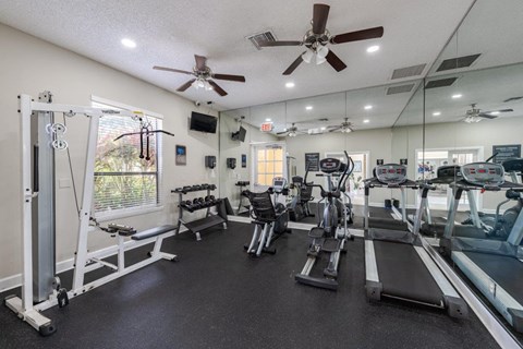 a gym with weights and cardio equipment and a ceiling fan