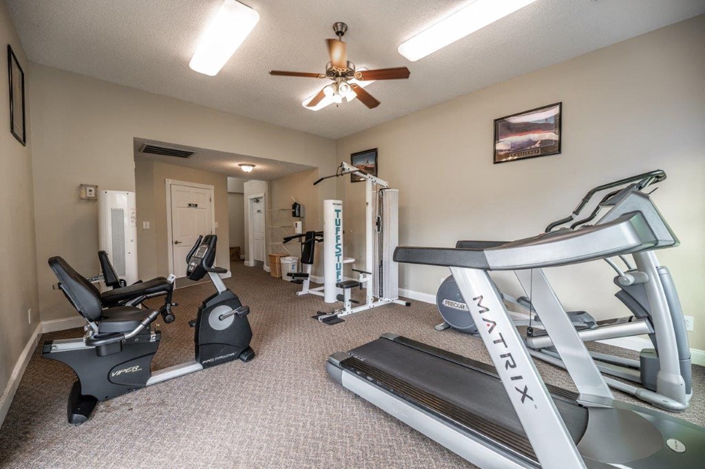 A home gym with a treadmill, elliptical trainer, and other exercise equipment.