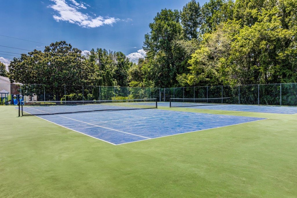 A tennis court surrounded by a fence and trees.