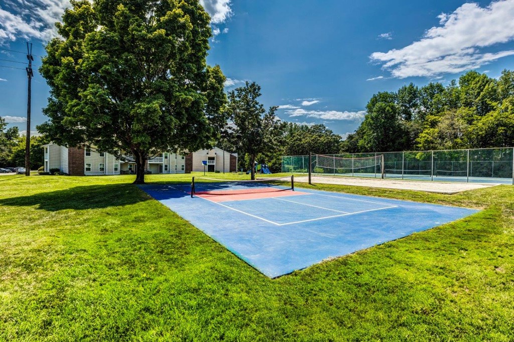 A blue tennis court is surrounded by a green lawn and trees.