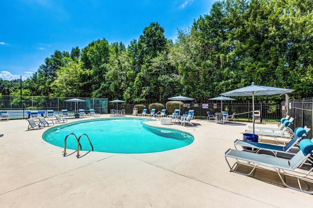 A large outdoor swimming pool surrounded by trees and lounge chairs.