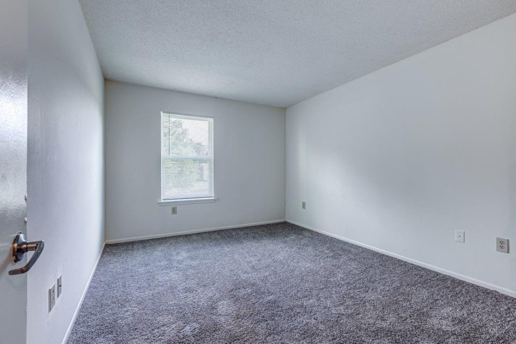 A room with a carpeted floor and a window.