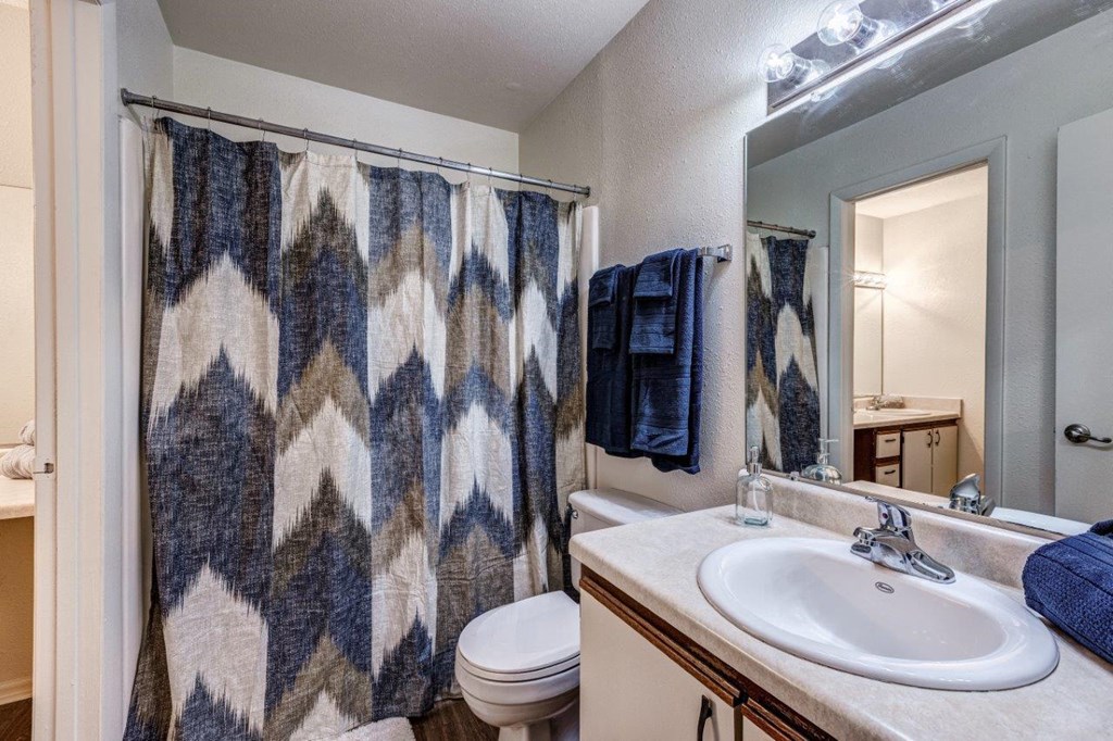A bathroom with a white toilet, a sink, and a shower curtain.