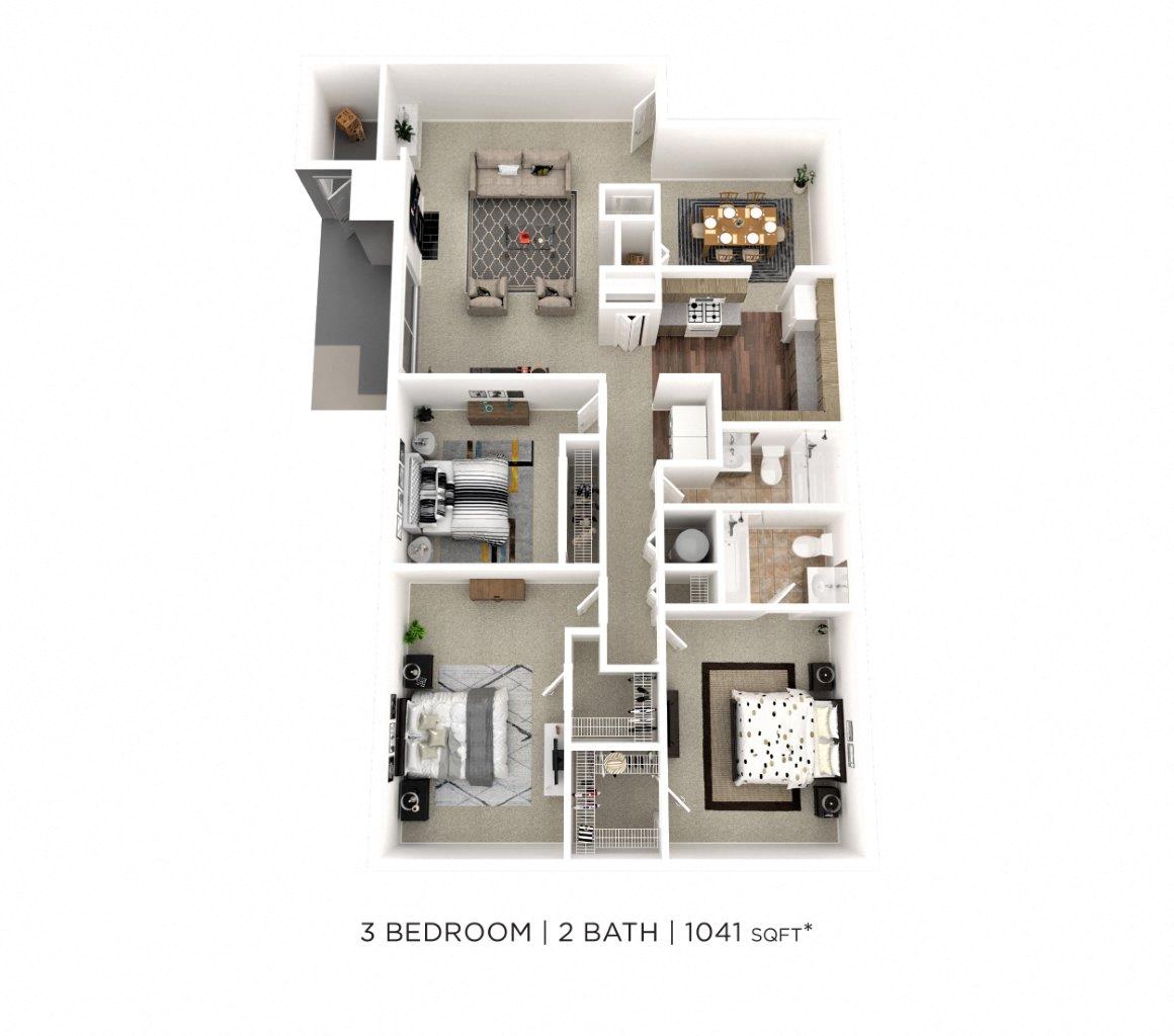 Three Bedroom 2 Bath - 1,041 sqft