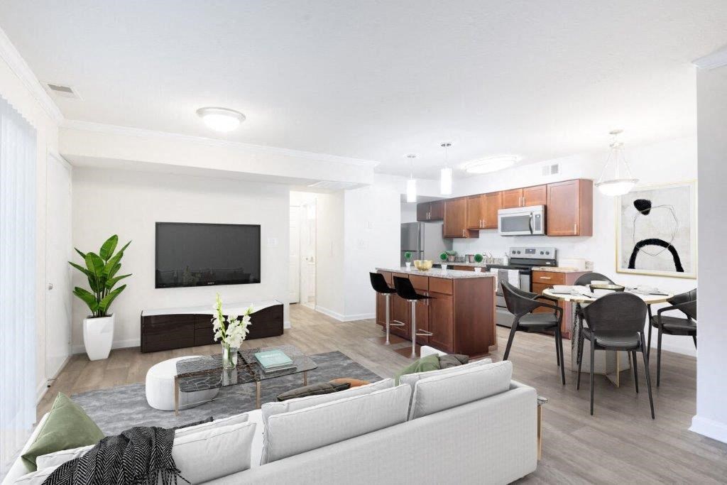 a living room and kitchen with a couch and a tv