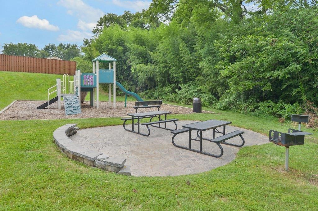a park with a playground and picnic tables