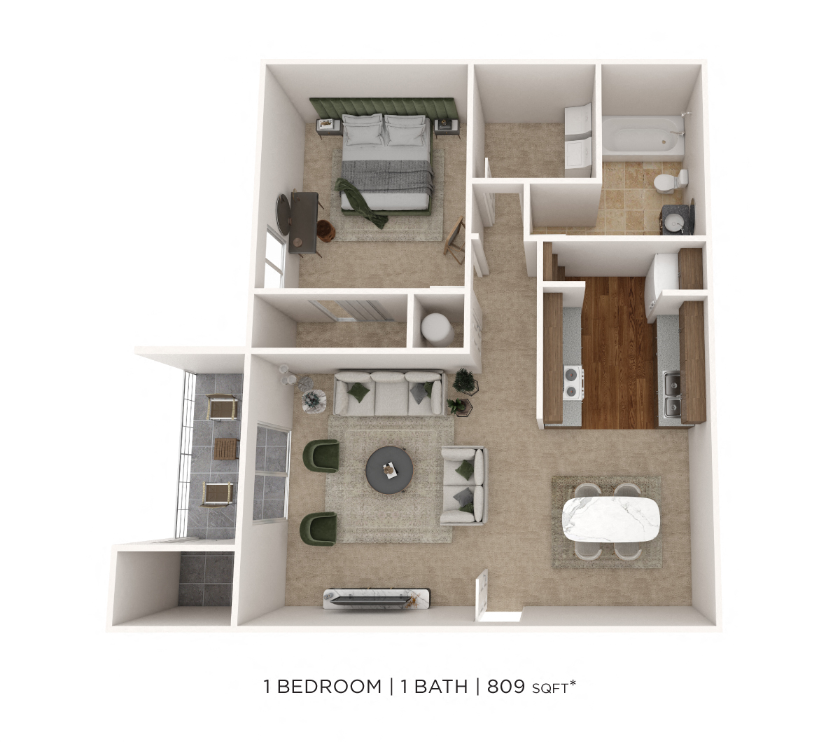 One Bedroom- 809 sqft