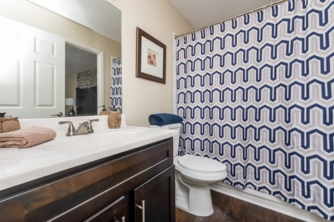 a bathroom with a blue and white shower curtain and a toilet
