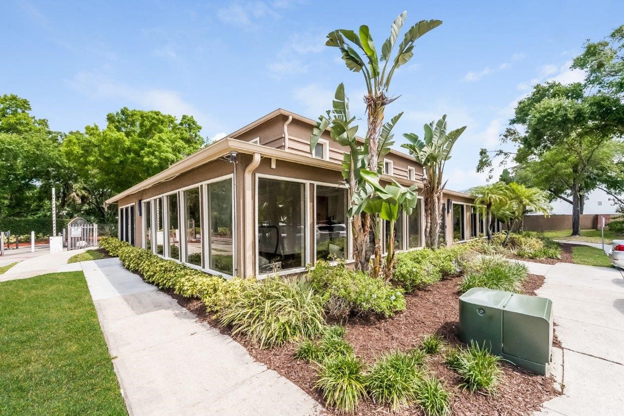 the exterior of a house with palm trees and a sidewalk