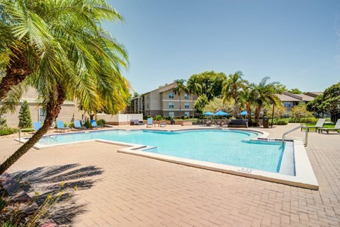 a swimming pool with palm trees next to a resort style pool