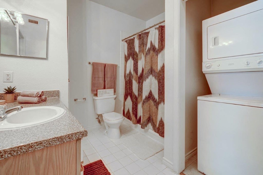 a bathroom with a toilet and a sink and a washing machine