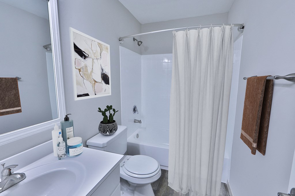 a bathroom with a shower curtain and a toilet and a sink