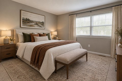 A bedroom with a large bed and a painting on the wall.