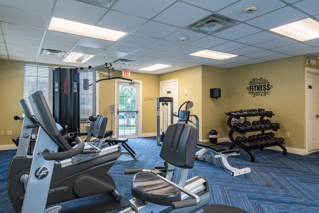 a gym with a lot of exercise equipment in it