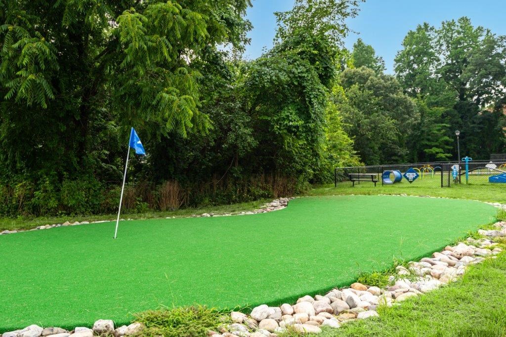 a putting green on a golf course with a blue flag