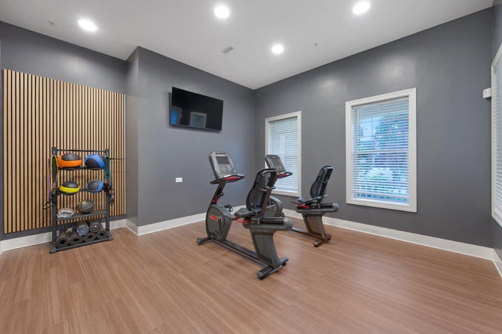 A home gym with a treadmill, exercise bike, and a television.