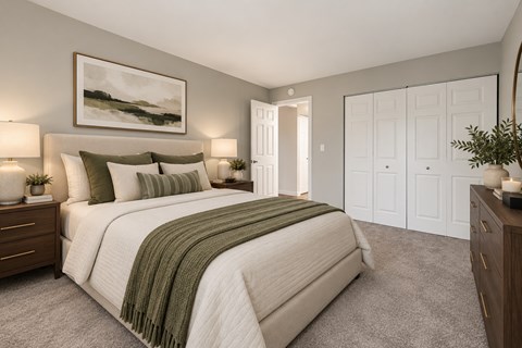 A bedroom with a large bed and a painting on the wall.